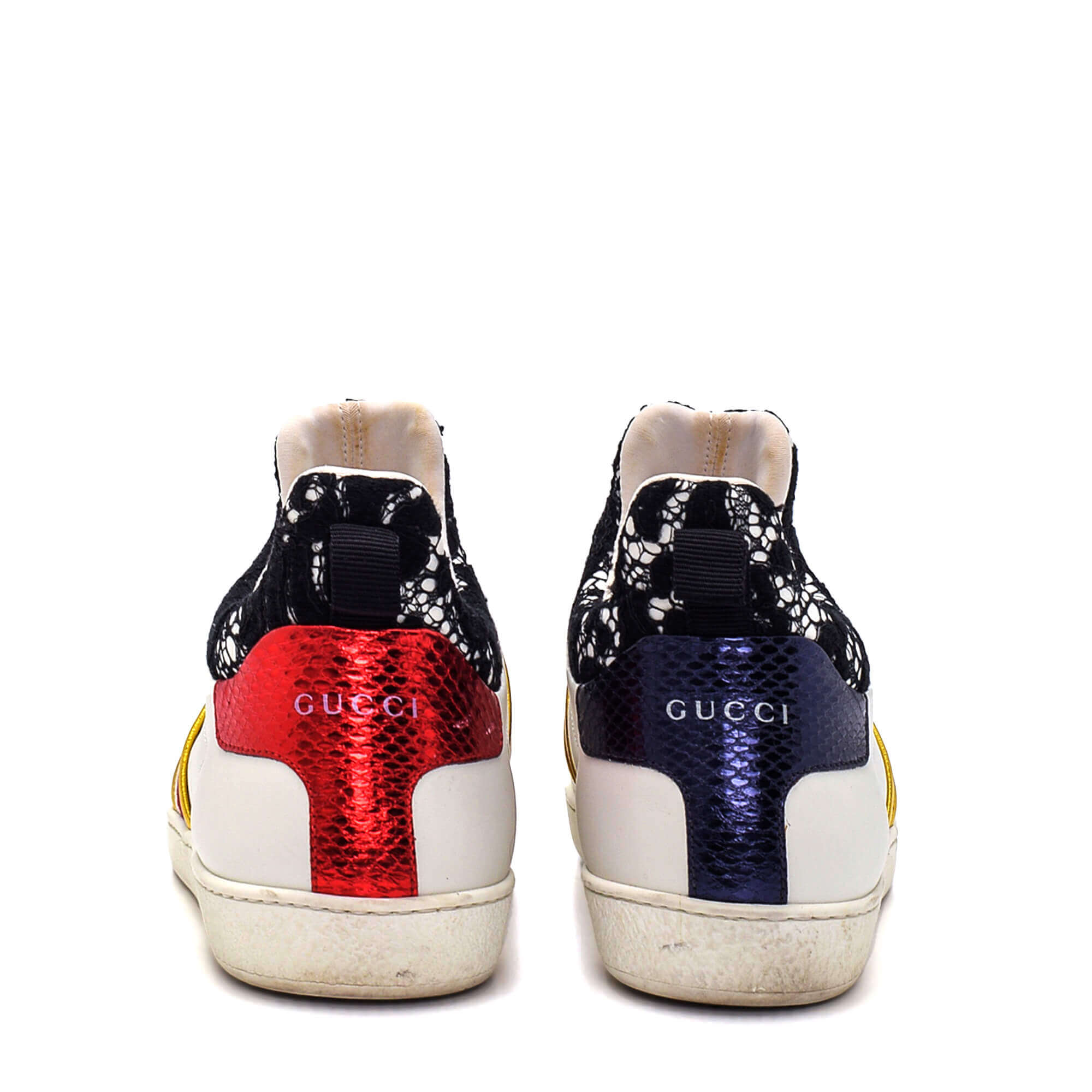 Gucci - White Leather and Lace Ace Web Detail Slip On Sneakers